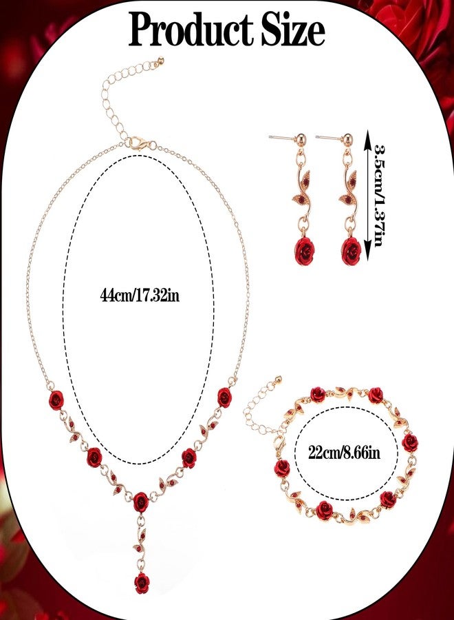 MBAIYO Red Rose Jewelry Set, 3Pcs Red Flower Necklaces for Women Rose Necklace Dangle Bracelet Set Vintage Earrings Pendant Amulet chain for Women's Wedding Prom Valentine Birthday Party(Golden) - Image 2